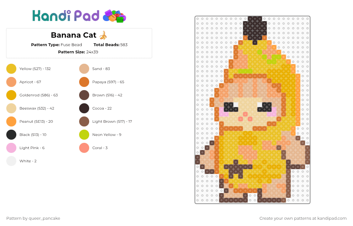 Banana Cat 🍌 - Fuse Bead Pattern by queer_pancake on Kandi Pad - orange,beige,yellow