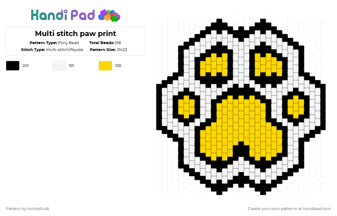 Multi stitch paw print - Pony Bead Pattern by turtles1446 on Kandi Pad - white,yellow