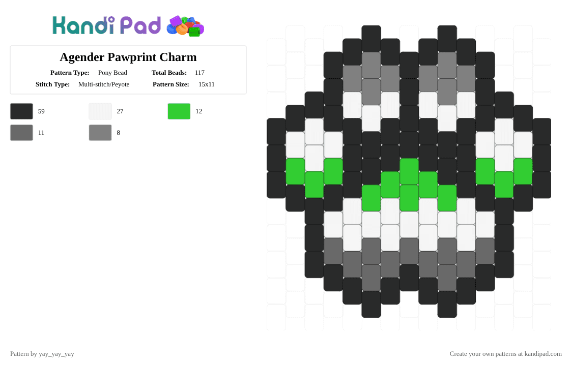 Agender Pawprint Charm - Pony Bead Pattern by yay_yay_yay on Kandi Pad - green,gray