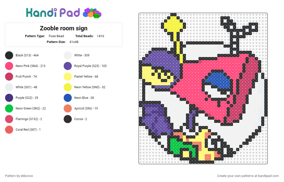 Zooble room sign - Fuse Bead Pattern by ekkonox on Kandi Pad - white,purple,red,pink,colorful