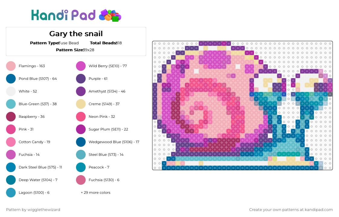 Gary the snail - Fuse Bead Pattern by wigglethewizard on Kandi Pad - beige, blue, pink