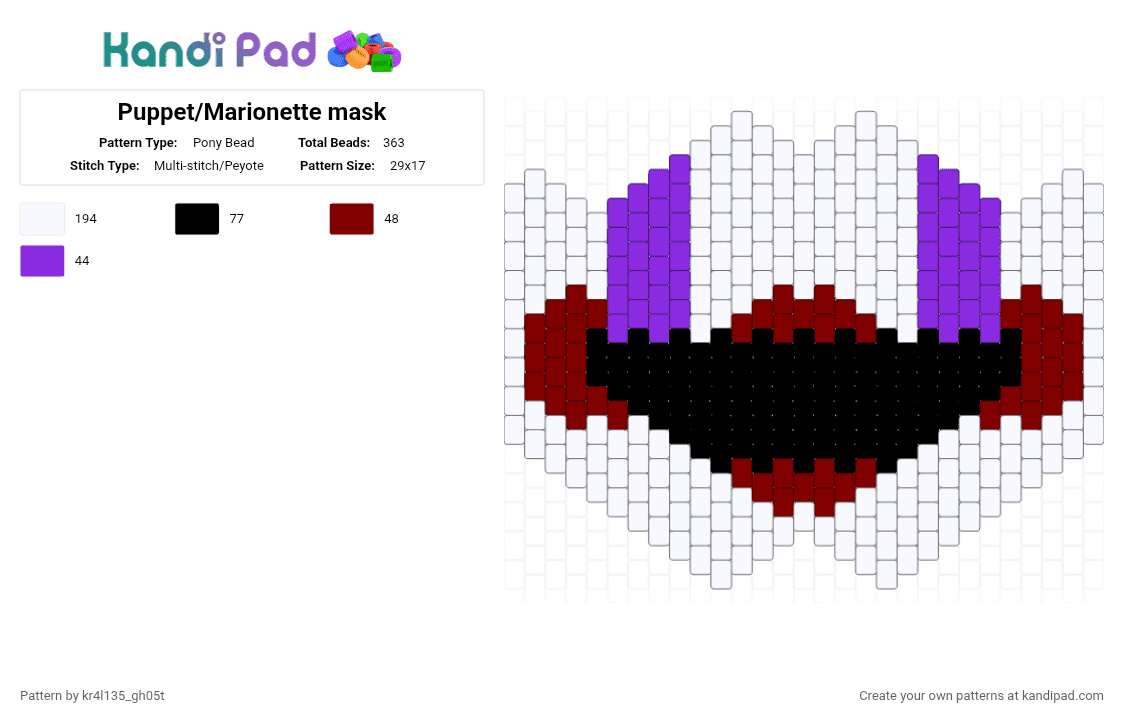 Puppet/Marionette mask - Pony Bead Pattern by kr4l135_gh05t on Kandi Pad - white,purple,brown