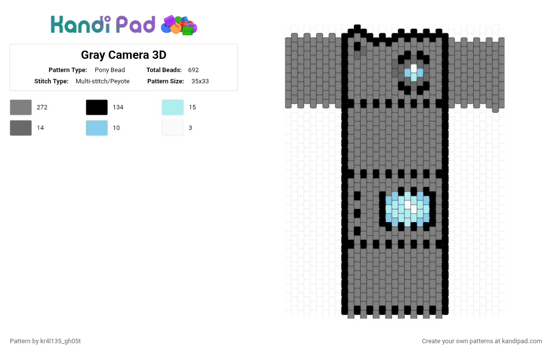 Gray Camera 3D - Pony Bead Pattern by kr4l135_gh05t on Kandi Pad - camera, gray, grey, odd peyote