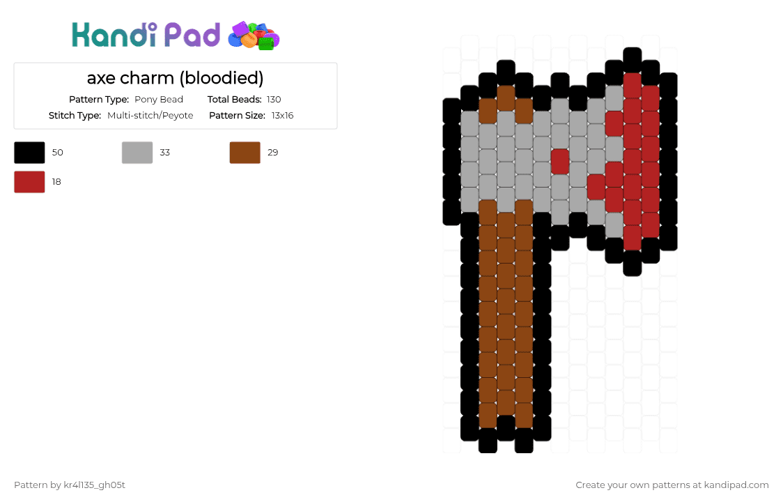 axe charm (bloodied) - Pony Bead Pattern by kr4l135_gh05t on Kandi Pad - red,beige,axe,charm