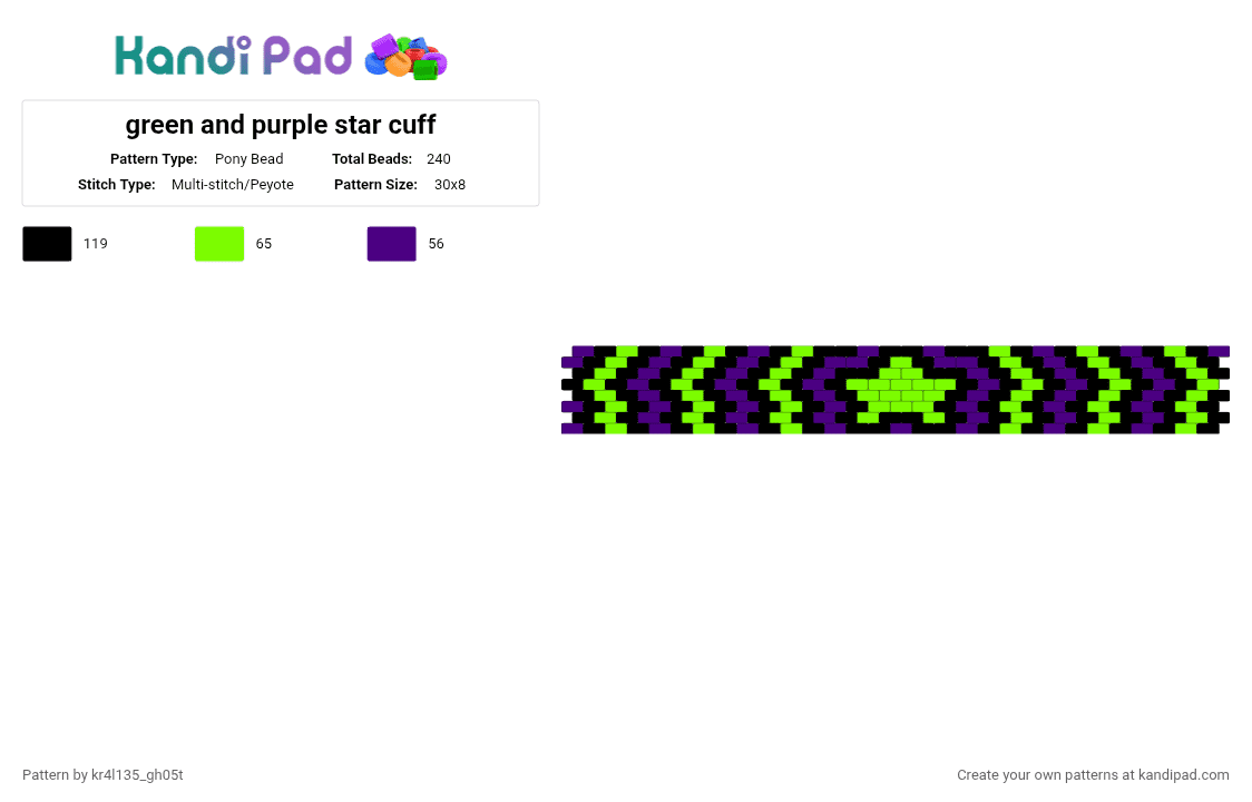 green and purple star cuff - Pony Bead Pattern by kr4l135_gh05t on Kandi Pad - green,purple,even peyote,star,striped,cuff