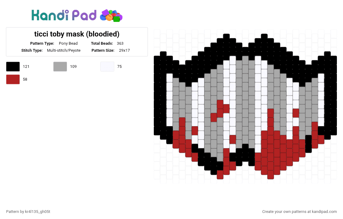 ticci toby mask (bloodied) - Pony Bead Pattern by kr4l135_gh05t on Kandi Pad - red,beige,ticci toby,creepypasta,toby mask,ticci toby mask,mask