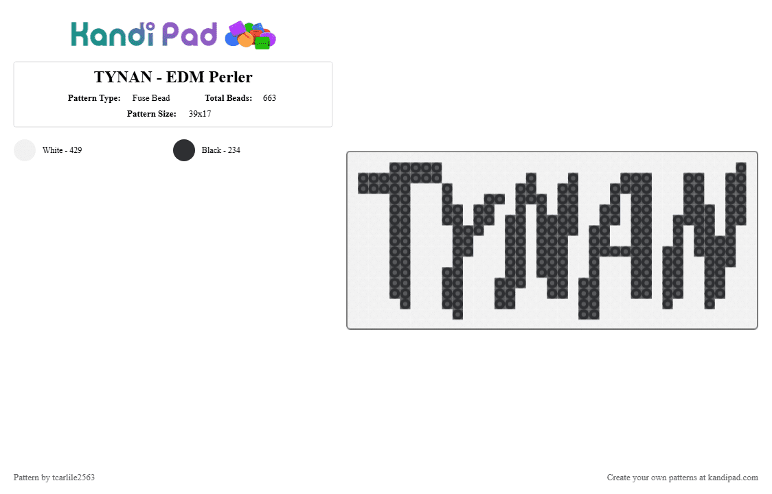 TYNAN - EDM Perler - Fuse Bead Pattern by tcarlile2563 on Kandi Pad - black, dubstep, edm, music, tynan, white