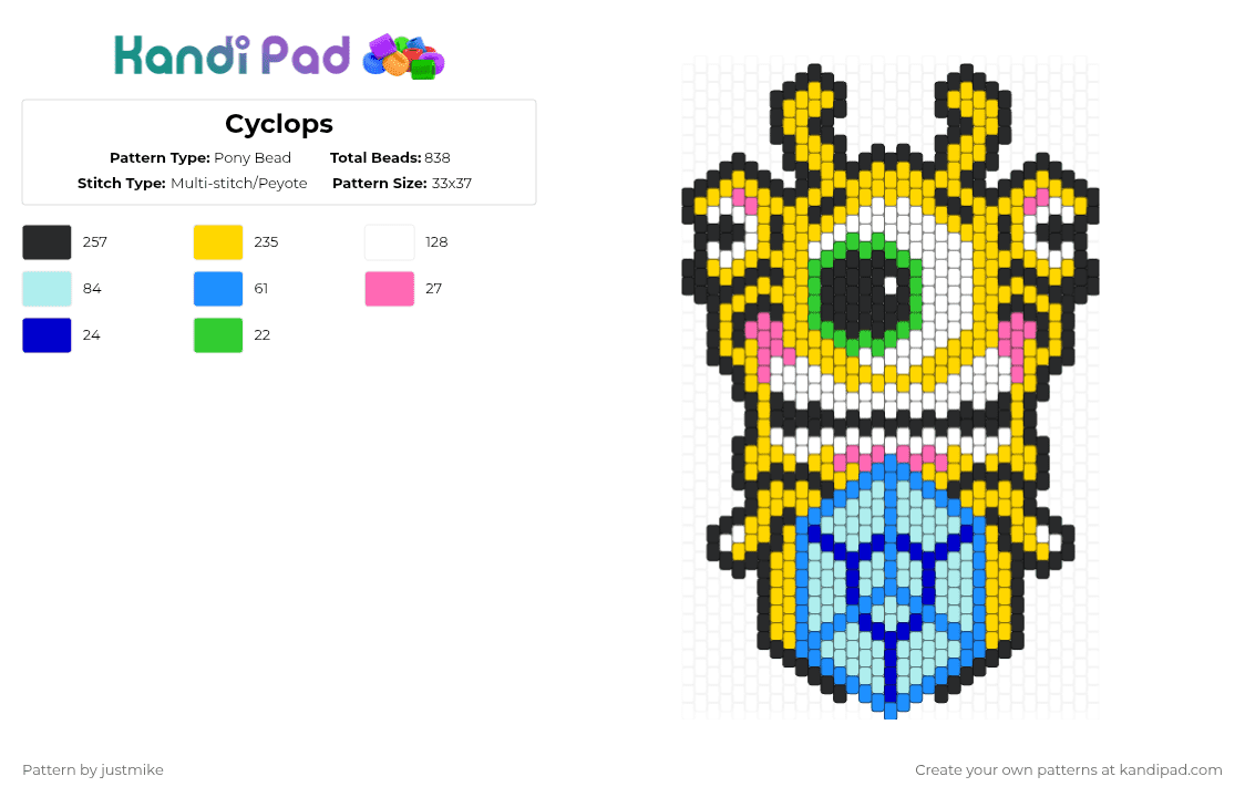 Cyclops - Pony Bead Pattern by justmike on Kandi Pad - subtronics,cyclops,tesseract,dj,aaron brooks,music,edm,dubstep,sci-fi,yellow,light blue