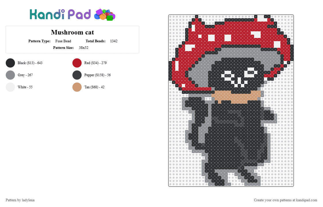 Mushroom cat - Fuse Bead Pattern by ladylena on Kandi Pad - black,red,gray,cat,mushroom,cute,animal