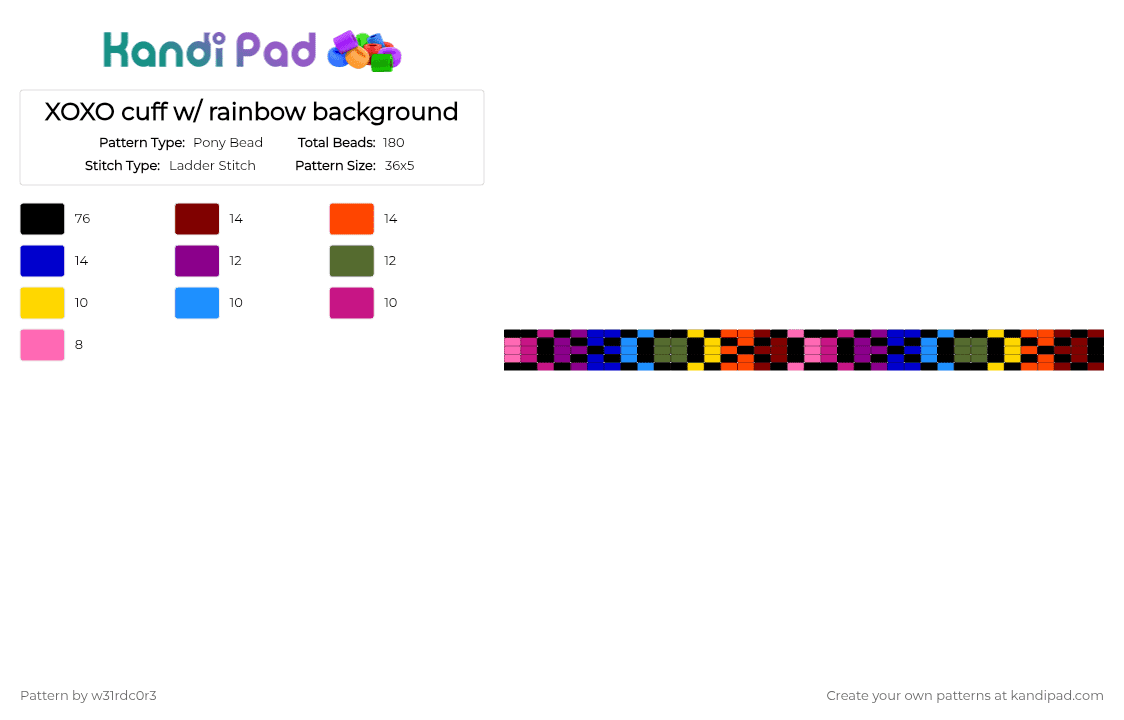 XOXO cuff w/ rainbow background - Pony Bead Pattern by w31rdc0r3 on Kandi Pad - black,pink,red,colorful,cotdromance