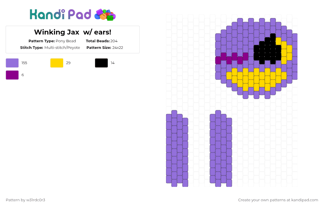 Winking Jax  w/ ears! - Pony Bead Pattern by w31rdc0r3 on Kandi Pad - purple