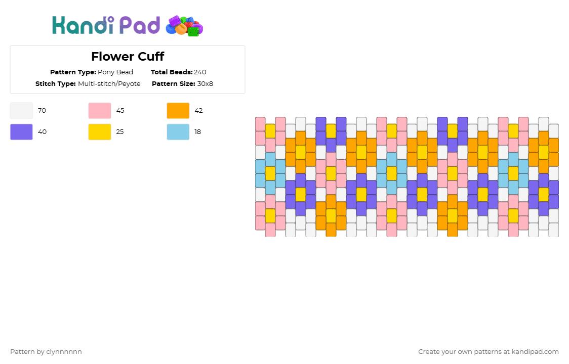 Flower Cuff - Pony Bead Pattern by clynnnnnn on Kandi Pad - pink,blue,orange,flowers,flower,cute,pastel,spring,easy,beginner