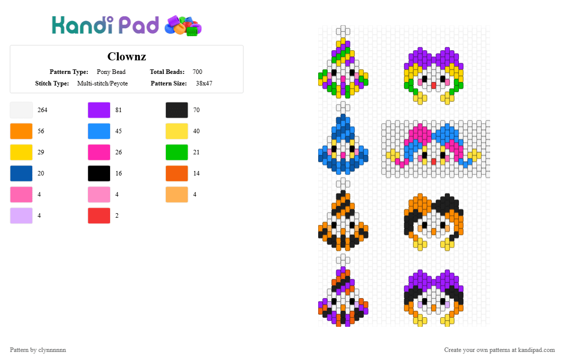Clownz - Pony Bead Pattern by clynnnnnn on Kandi Pad - white,yellow,purple,orange,colorful