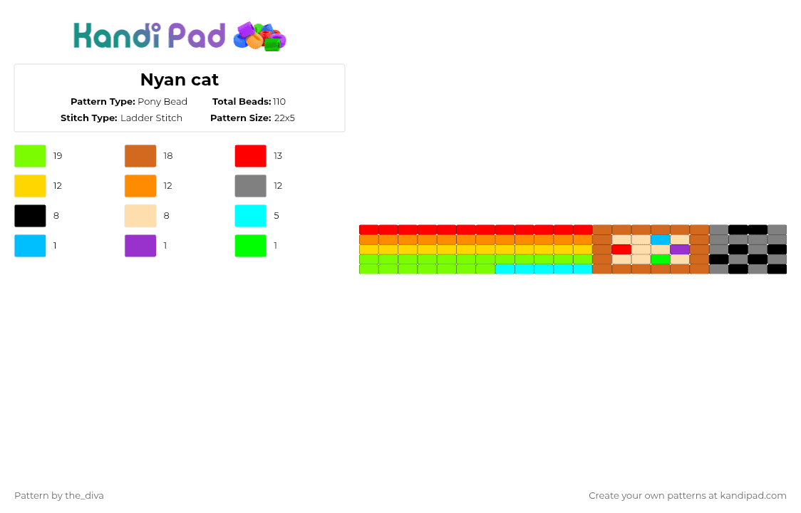 Nyan cat - Pony Bead Pattern by the_diva on Kandi Pad - green,orange,red,colorful