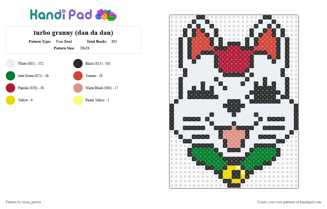 turbo granny (dan da dan) - Fuse Bead Pattern by tessa_pawzz on Kandi Pad - white,red,green