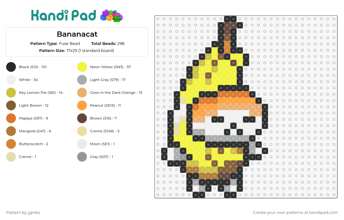 Bananacat - Fuse Bead Pattern by jgrebz on Kandi Pad - cat,banana,meme,animal,fruit,costume,playful,whimsical,dressed-up,fun,yellow