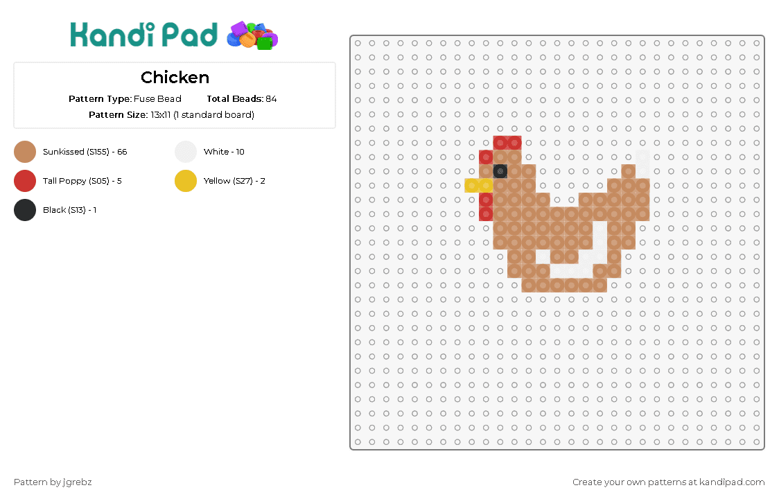 Chicken - Fuse Bead Pattern by jgrebz on Kandi Pad - chicken,bird,animal,farmyard,charm,delightful,pecking,bright,tan,brown