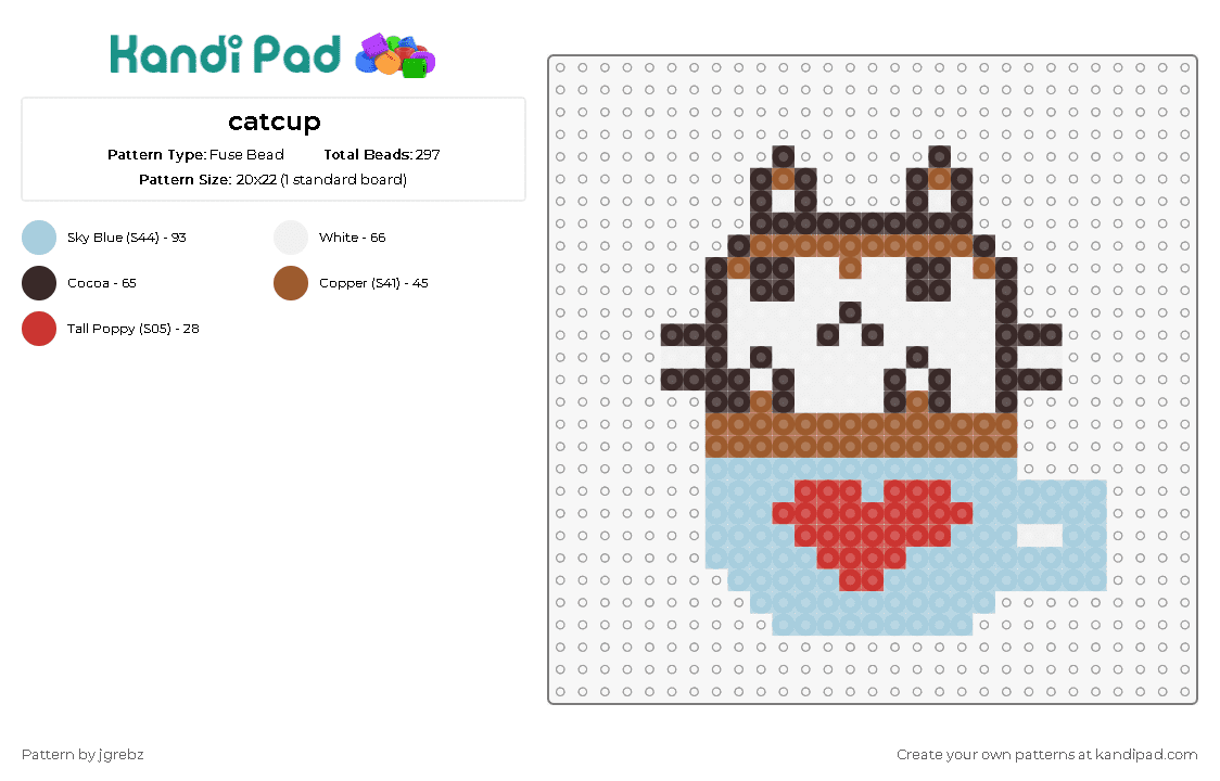 catcup - Fuse Bead Pattern by jgrebz on Kandi Pad - cat,cup,mug,coffee,heart,cute,animal,relaxation,affection,white,brown,light blue
