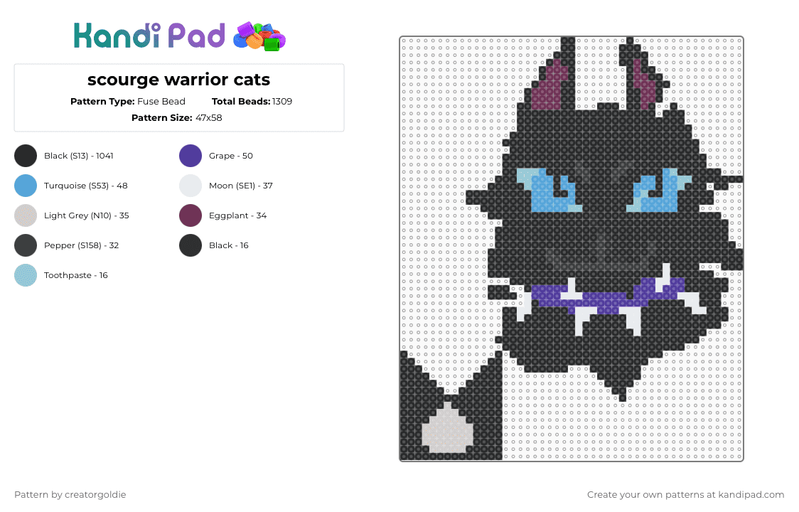scourge warrior cats - Fuse Bead Pattern by creatorgoldie on Kandi Pad - black,light blue,purple,warrior cats,perler
