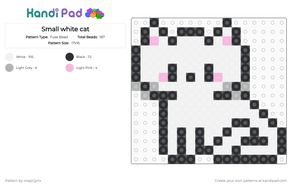 Small white cat - Fuse Bead Pattern by magicjynx on Kandi Pad - white,pink,beige,cat,small