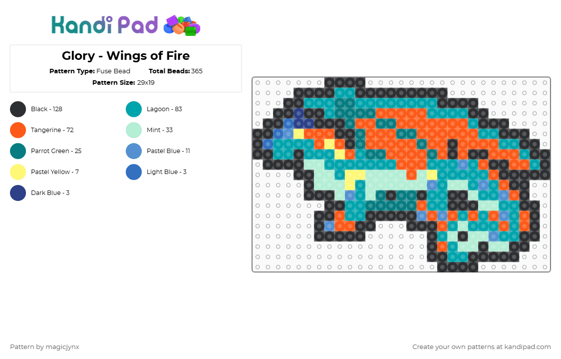 Glory - Wings of Fire - Fuse Bead Pattern by magicjynx on Kandi Pad - orange,teal,light blue,green,glory,wings of fire,dragon