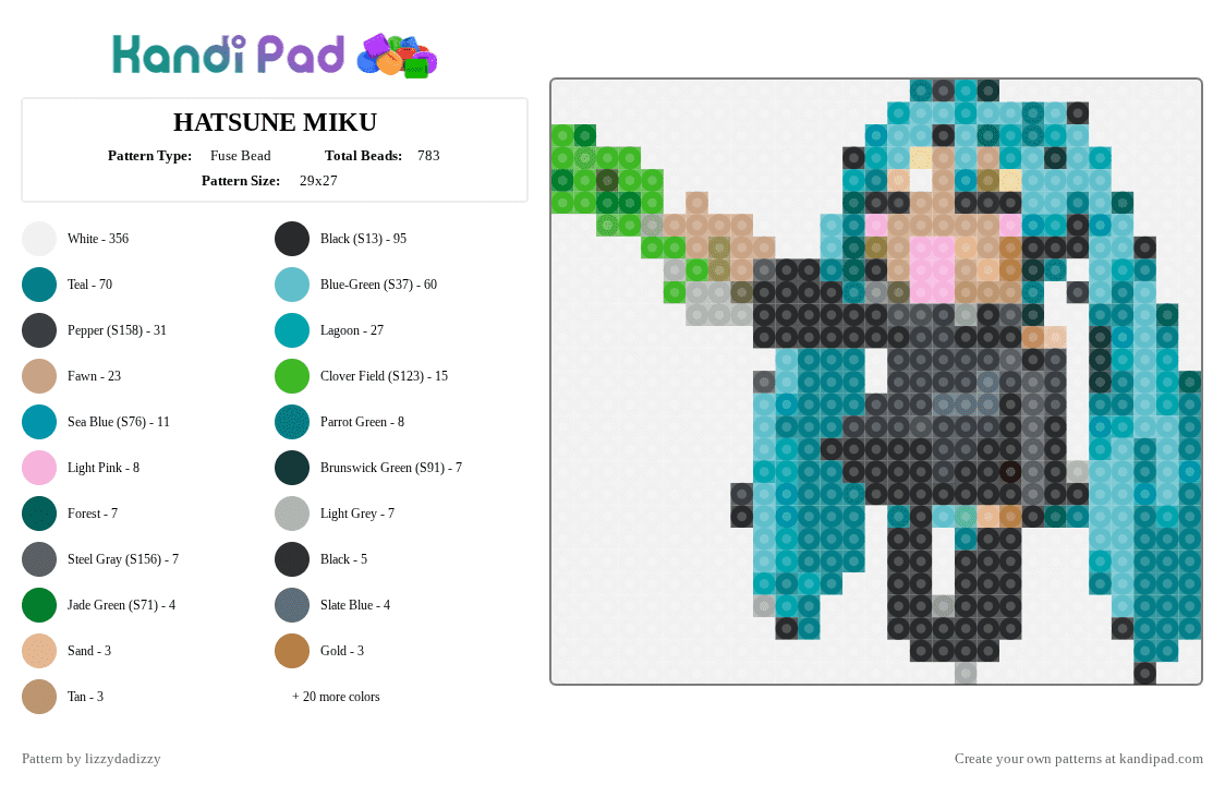 HATSUNE MIKU - Fuse Bead Pattern by lizzydadizzy on Kandi Pad - white,teal,beige,gray
