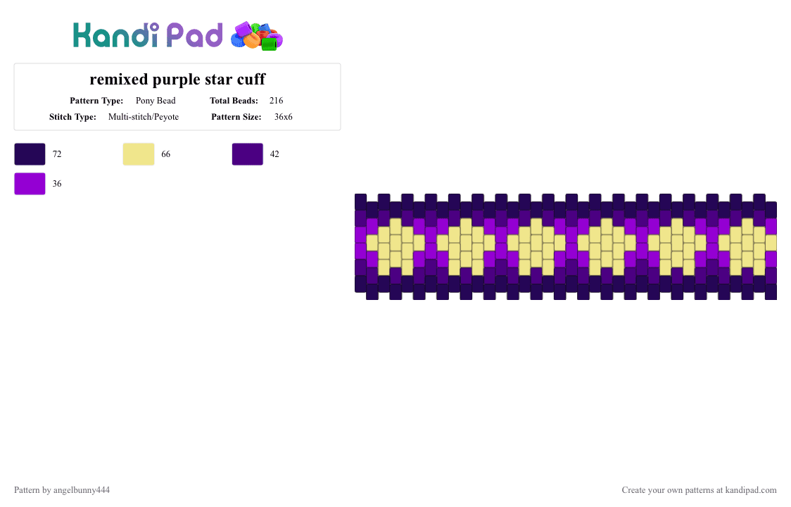 remixed purple star cuff - Pony Bead Pattern by angelbunny444 on Kandi Pad - purple, yellow
