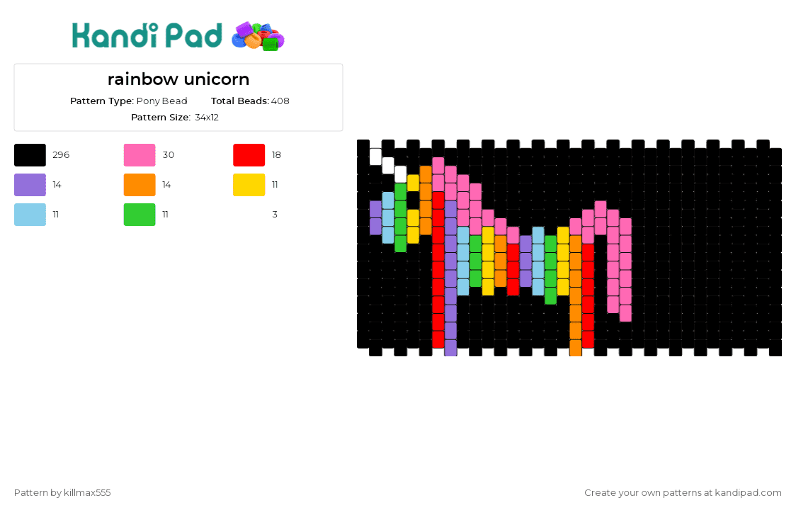 rainbow unicorn - Pony Bead Pattern by killmax555 on Kandi Pad - unicorn,rainbow,mythical,cuff,magic,imagination,whimsical,fantasy,black