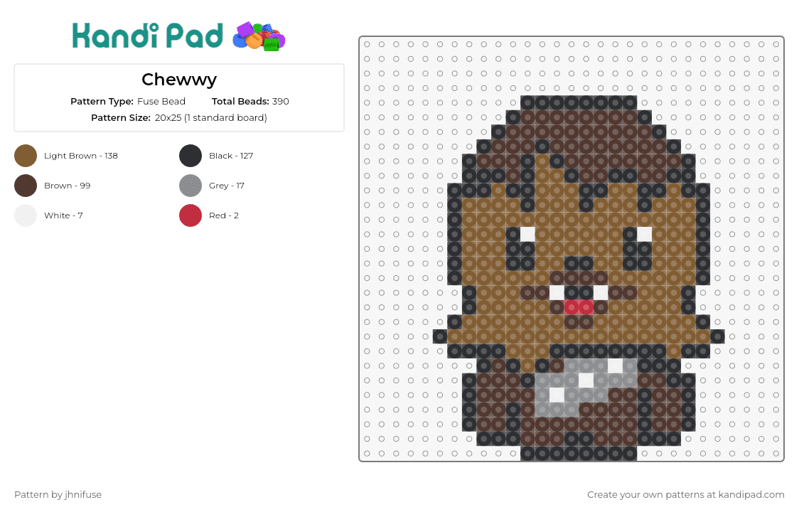 Chewwy - Fuse Bead Pattern by jhnifuse on Kandi Pad - chewbacca,star wars,chewy,scifi,movie,wookiee,character,beloved,brown