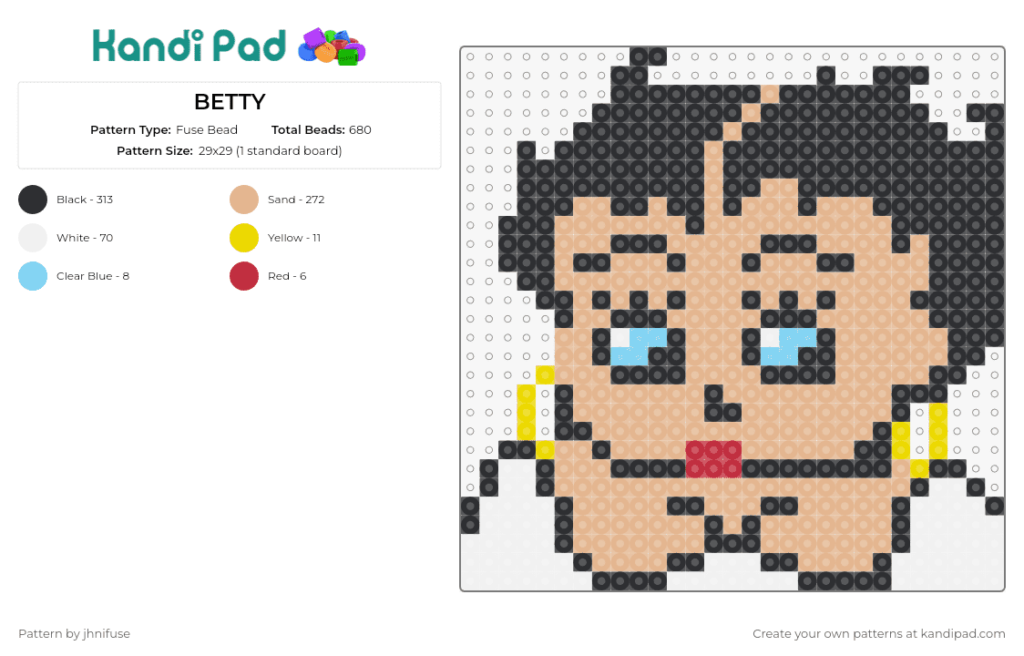 BETTY - Fuse Bead Pattern by jhnifuse on Kandi Pad - betty boop,cartoon,character,vintage,iconic,flapper,1920s,animated,tan