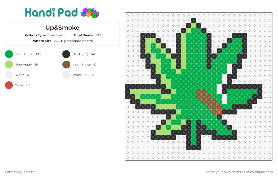 Up&Smoke - Fuse Bead Pattern by jhnifuse on Kandi Pad - marijuana,pot,leaf,smoking,representation,bold,vivid,iconic,playful,green