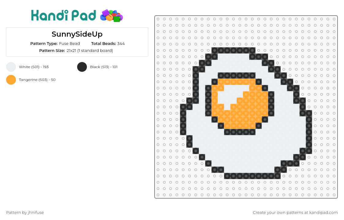 SunnySideUp - Fuse Bead Pattern by jhnifuse on Kandi Pad - egg,sunny side up,over easy,food,breakfast,chicken,quirky,delightful,charming,simple,orange,white