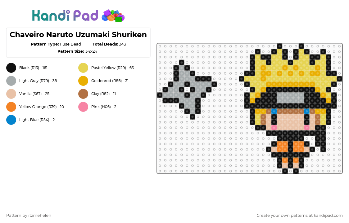 Chaveiro Naruto Uzumaki Shuriken - Fuse Bead Pattern by itzmehelen on Kandi Pad - black,orange,yellow,gray,colorful