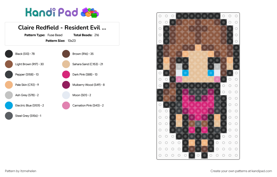 Claire Redfield - Resident Evil 2 (1998) - Fuse Bead Pattern by lunarispixel on Kandi Pad - beige, black, brown, capcom, character, colorful, gaming, resident evil, tan, video game character