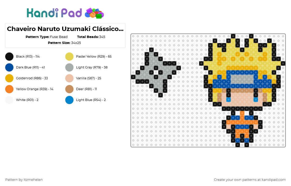 Chaveiro Naruto Uzumaki Clássico Shuriken - Fuse Bead Pattern by itzmehelen on Kandi Pad - orange,blue,yellow,gray