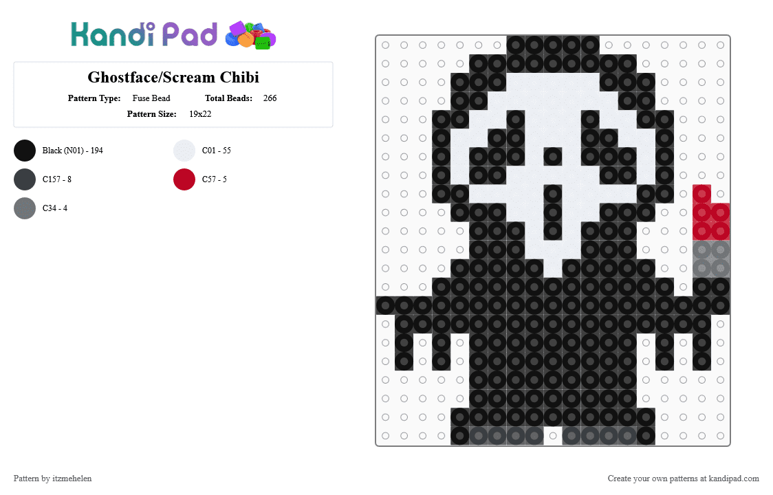 Ghostface/Scream Chibi - Fuse Bead Pattern by lunarispixel on Kandi Pad - black, gray, red, white
