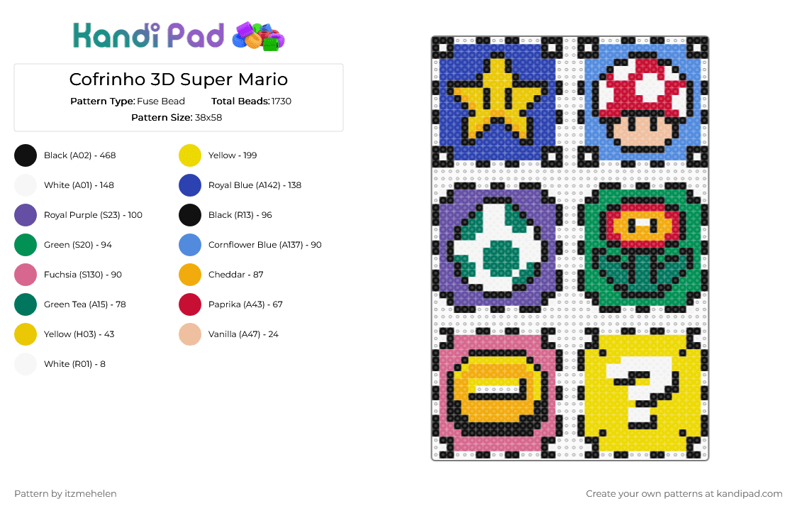 Cofrinho 3D Super Mario - Fuse Bead Pattern by itzmehelen on Kandi Pad - purple,yellow