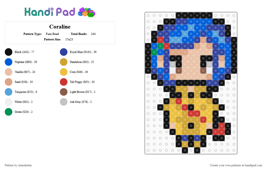 Coraline | Coraline and The Secret World - Fuse Bead Pattern by itzmehelen on Kandi Pad - purple,beige,blue,yellow,colorful