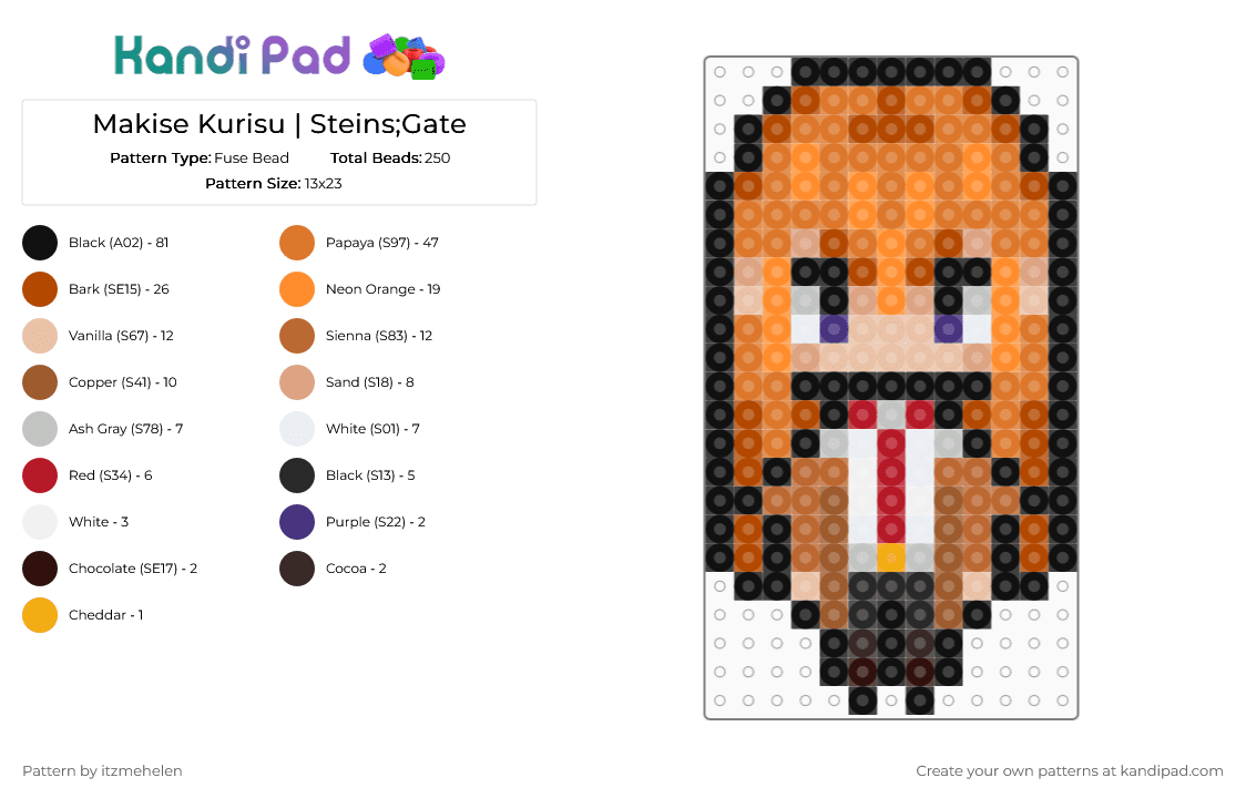 Makise Kurisu | Steins;Gate - Fuse Bead Pattern by itzmehelen on Kandi Pad - red,beige,orange