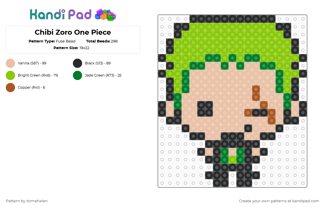 Chibi Zoro One Piece - Fuse Bead Pattern by itzmehelen on Kandi Pad - beige,green