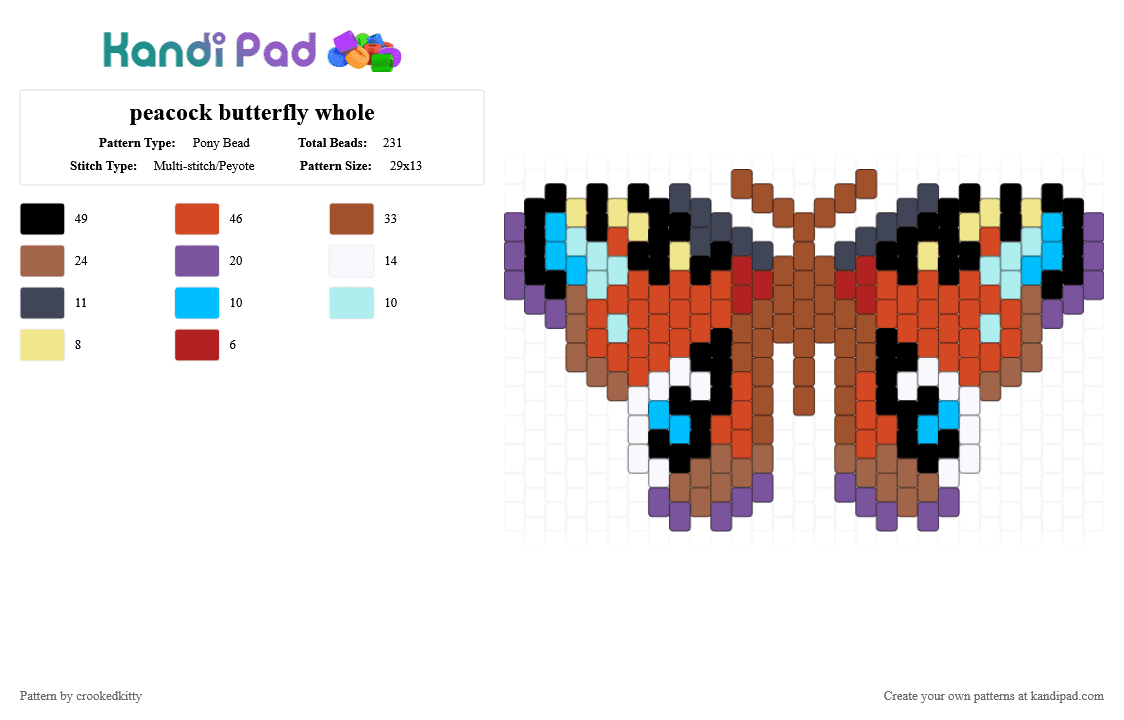 peacock butterfly whole - Pony Bead Pattern by crookedkitty on Kandi Pad - red