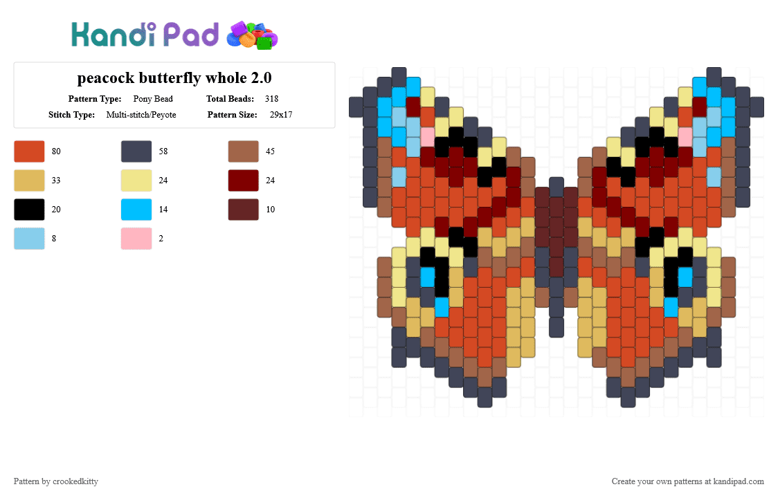 peacock butterfly whole 2.0 - Pony Bead Pattern by crookedkitty on Kandi Pad - purple,yellow,tan,red
