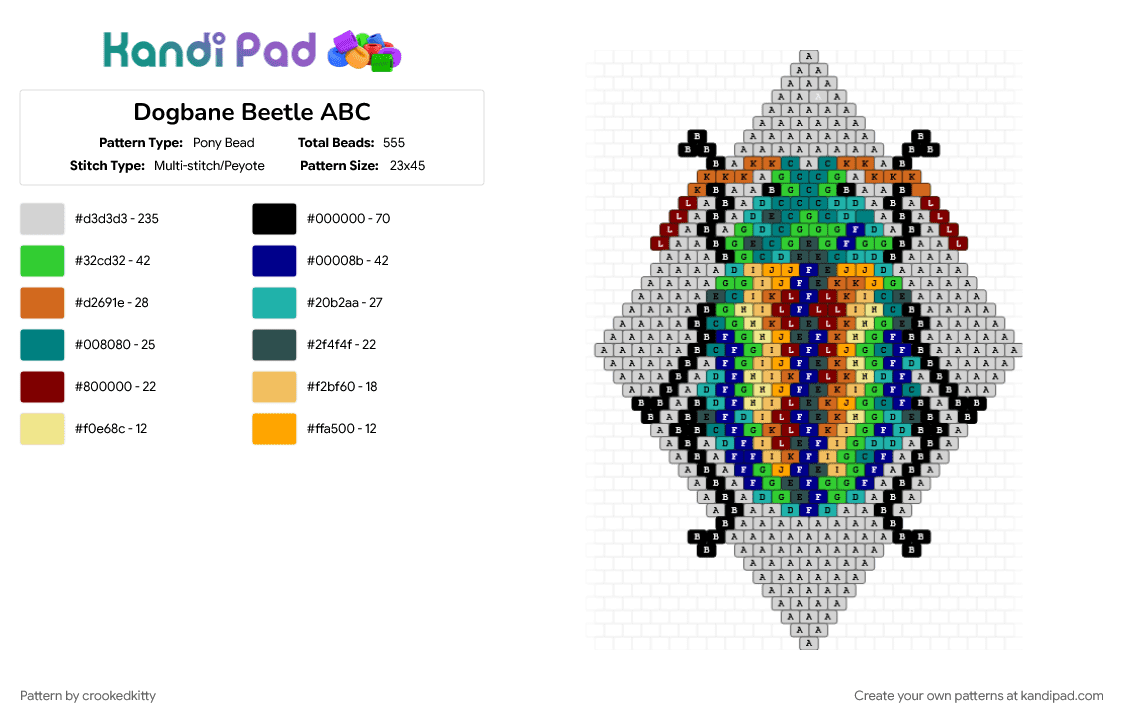 Dogbane Beetle ABC - Pony Bead Pattern by crookedkitty on Kandi Pad - colorful, orange, purple, teal, white