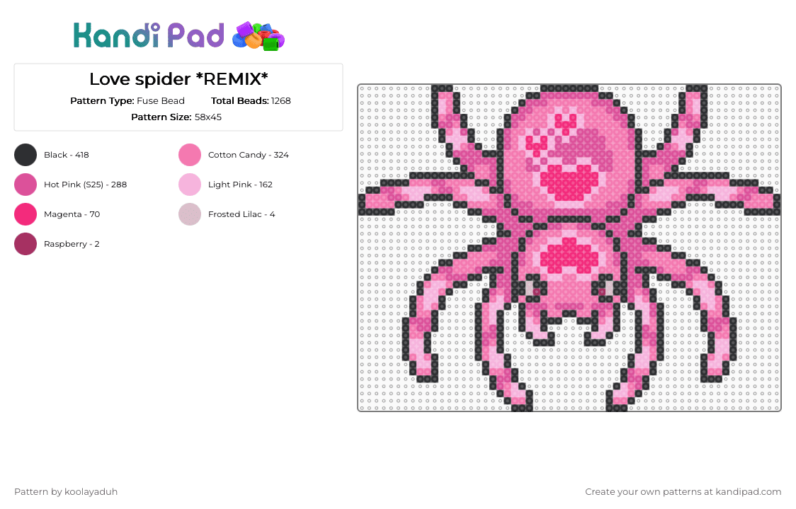 Love spider *REMIX* - Fuse Bead Pattern by koolayaduh on Kandi Pad - spider,cute,love,valentines,romance,heart,pink,perler