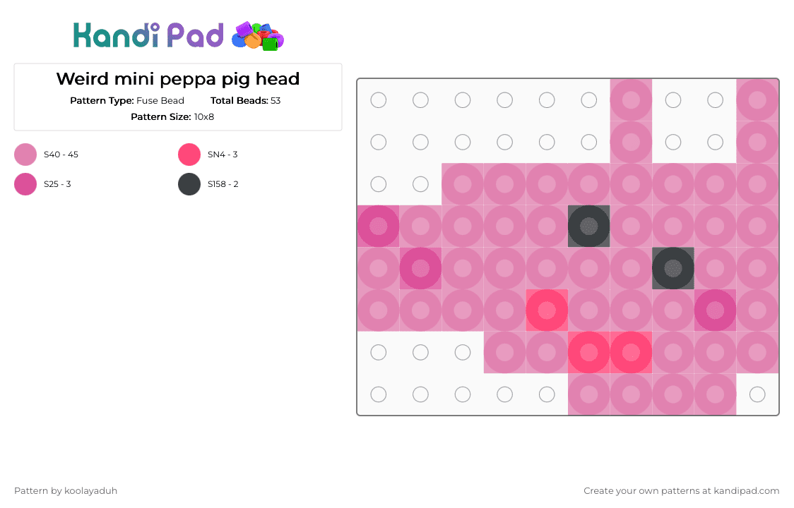Weird mini peppa pig head - Fuse Bead Pattern by koolayaduh on Kandi Pad - pink,peppa,pig,funny,silly,goofy,mini,charm,random