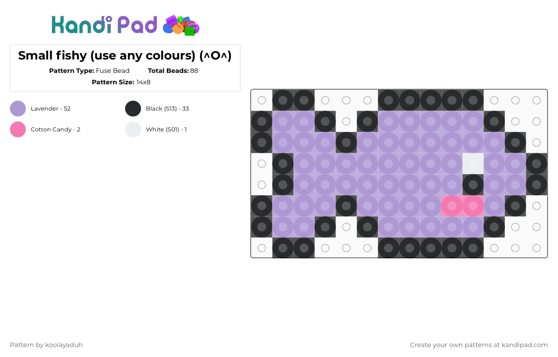 Small fishy (use any colours) (^O^) - Fuse Bead Pattern by koolayaduh on Kandi Pad - pink,fish,cute,kawaii,ocean,sea,underwater,small,mini