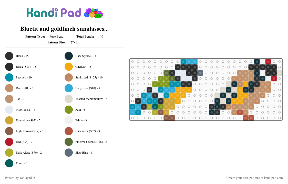 Bluetit and goldfinch sunglasses *remix* - Fuse Bead Pattern by koolayaduh on Kandi Pad - teal,beige,tan,orange,sunglasses,deal with it,birds,uk birds,meme,small,mini