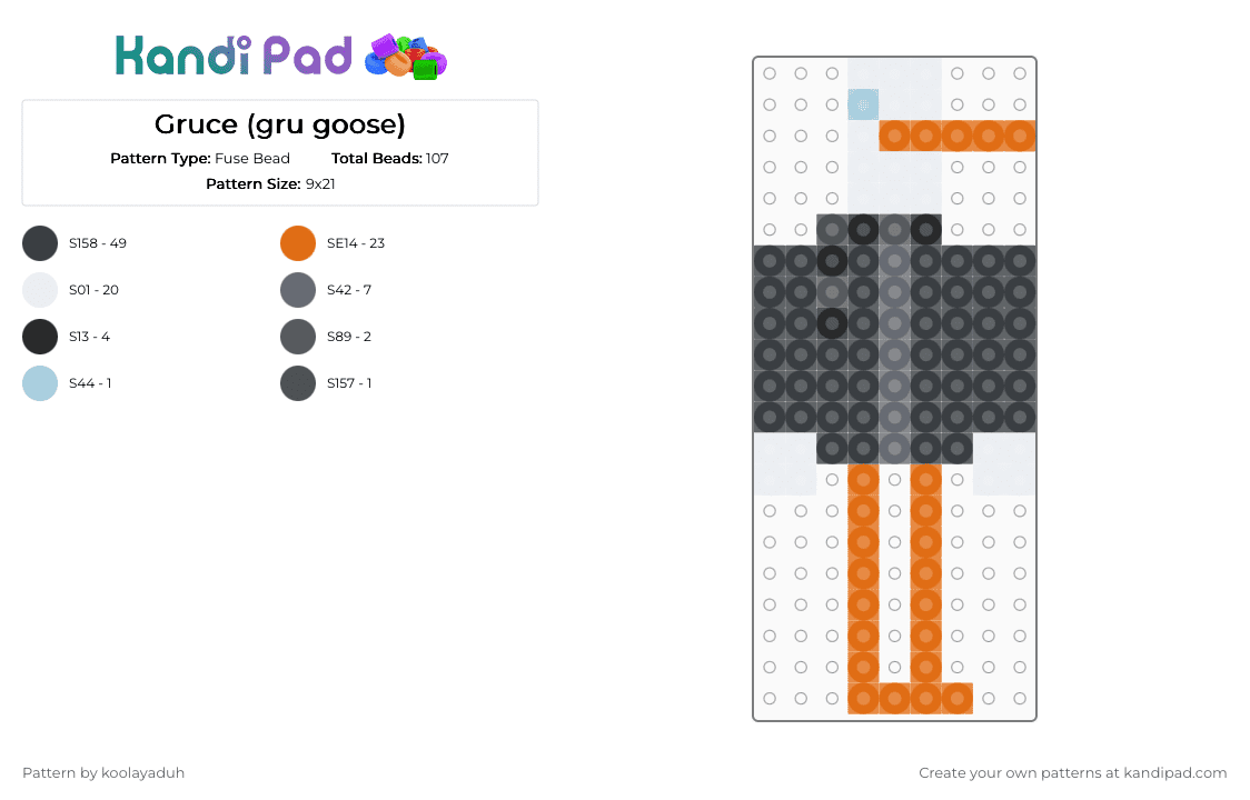 Gruce (gru goose) - Fuse Bead Pattern by koolayaduh on Kandi Pad - black,orange,gray,gru,funny,minions,despicable me,goose,geese,villain,silly