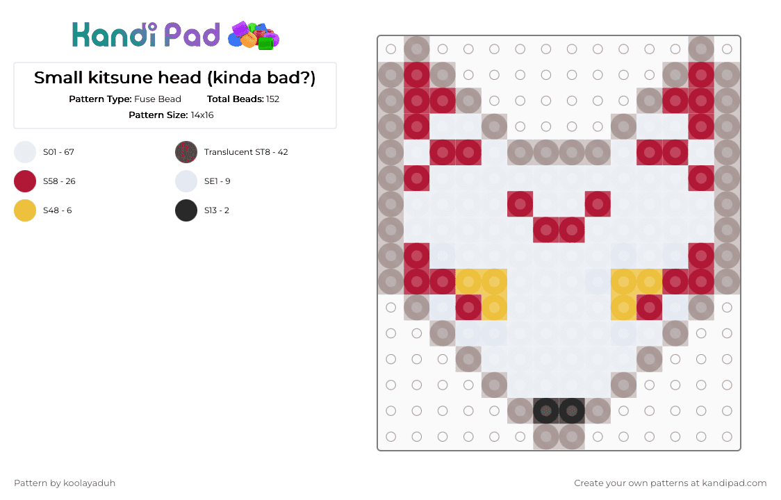 Medium kitsune head - Fuse Bead Pattern by koolayaduh on Kandi Pad - white,red,brown,kitsune,fox,spirit,japan,japanese,youkai,yokai,folklore