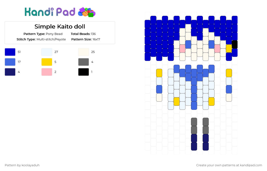 Simple Kaito doll for @studi0shyn3rz - Pony Bead Pattern by koolayaduh on Kandi Pad - purple,blue,kaito,vocaloid,doll,small,music,synthesiser,virtual